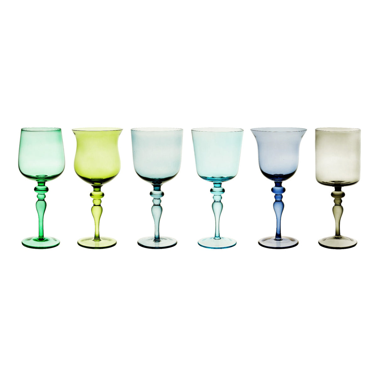 Set 6 Goblets adorned stems Mixed Shapes